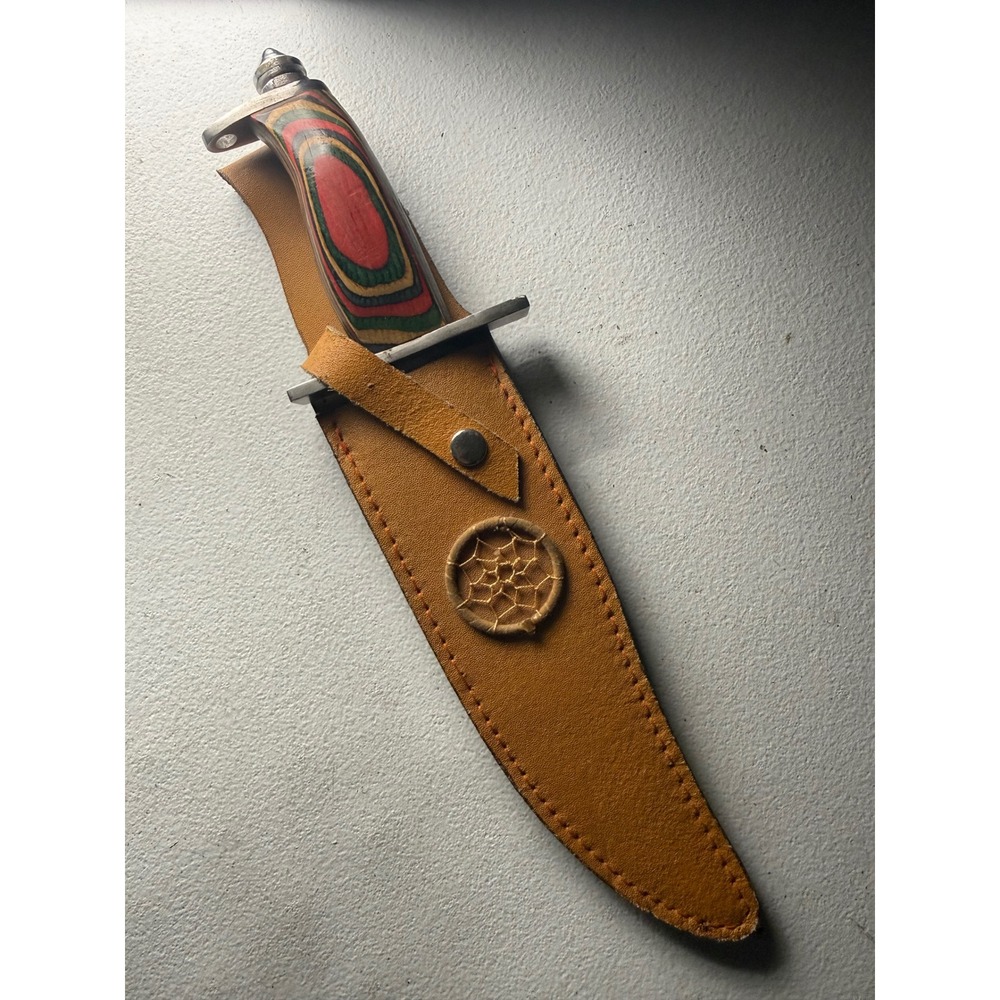 Fixed Blade Survival Knife Multi Color Pakkawood Handle Leather Sheath 12.5in